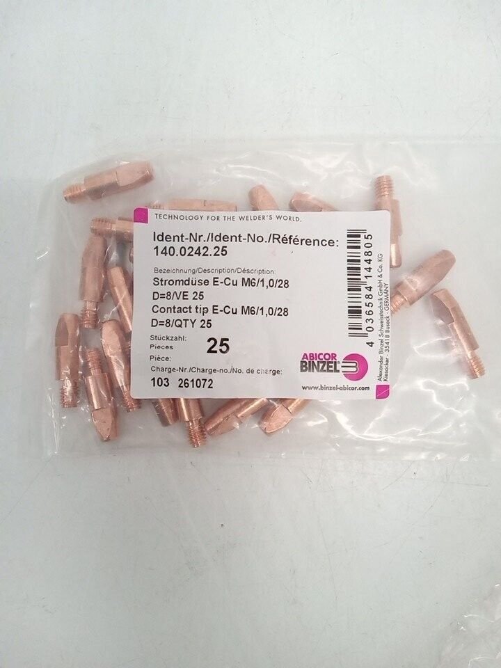 (QTY. 25) ABICOR BINZEL 140.0242.25, Gas Welding Contact Tip CuCrZr M6/1,0/28 - Image 2