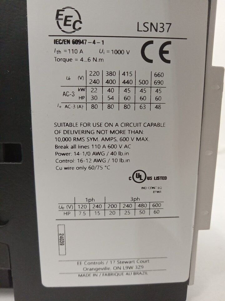 ð¥ð¥EEControls EEC LSN37-300-A CONTACTOR 80A 60HP 3POLE 600V✳️✳️ - Image 2